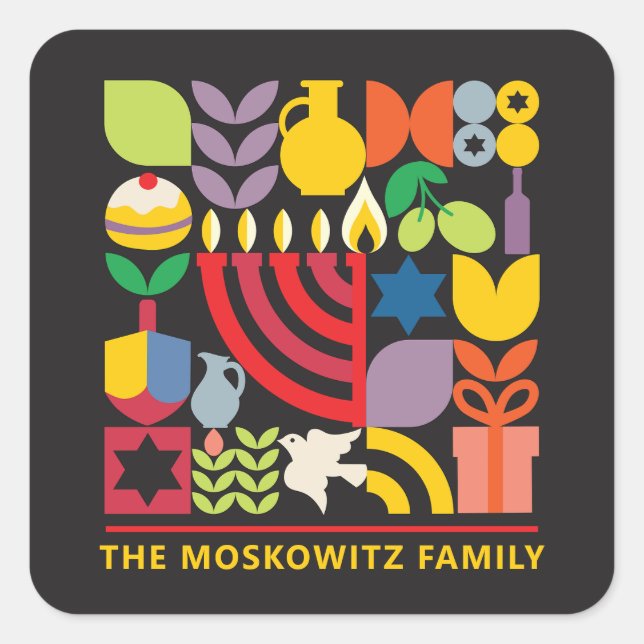 Adesivo Quadrado Hanukkah Chanukah Menorah Dreidel Símbolos Judeus (Frente)