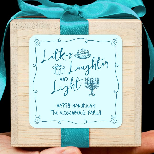 Adesivo Quadrado Hanukkah Latkes Laughter Light Teal Hand Drawn Fun (Criador carregado)