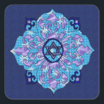 Adesivo Quadrado Hanukkah Mandela<br><div class="desc">Blues de todos os tons, lilás e lavandas em forma de mandela de flores com uma estrela de seis lados no centro é uma forma excelente de celebrar Chanucá e expressar sua individualidade ao mesmo tempo.</div>
