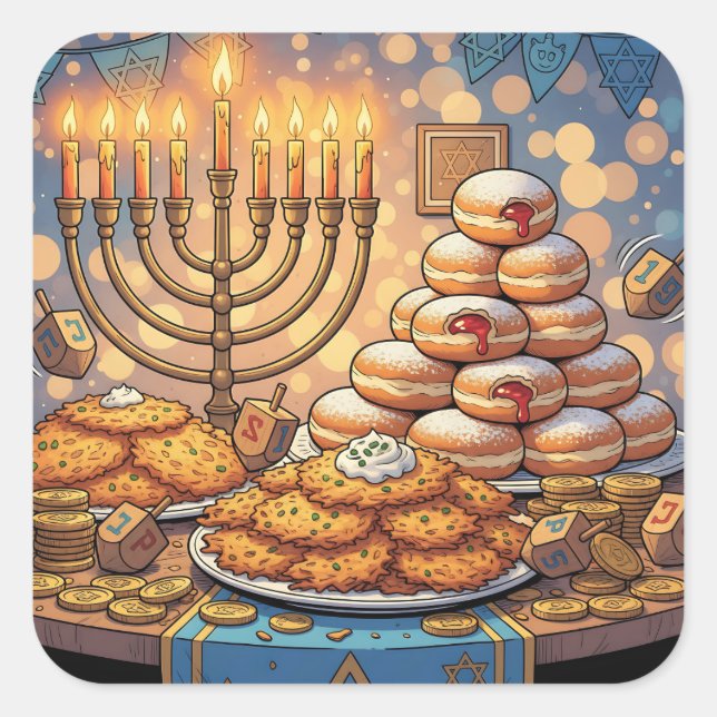 Adesivo Quadrado Hanukkah Potato Pancakes, Menorah and Jelly Rolls (Frente)