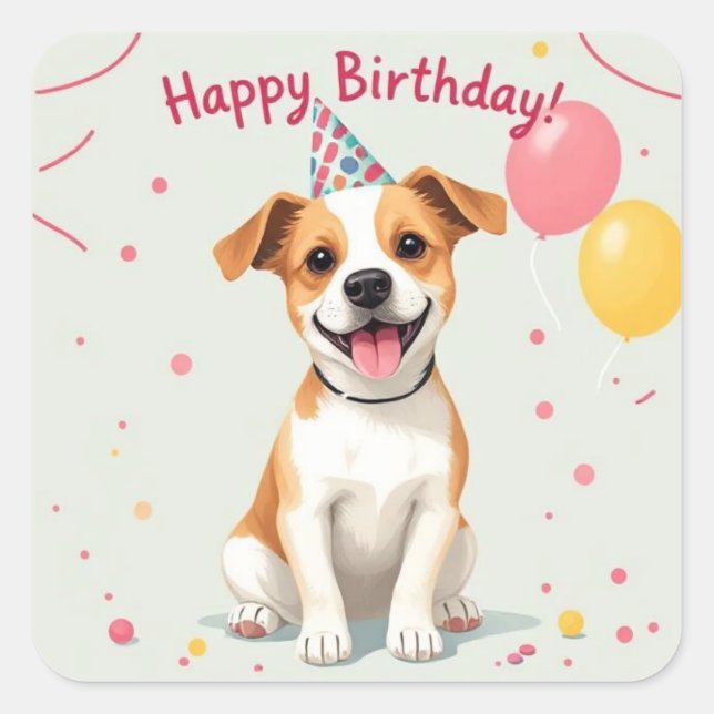 Adesivo Quadrado Happy Birthday Dog with Party Hat & Balloons (Frente)