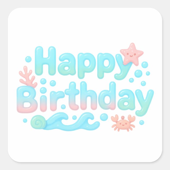 Adesivo Quadrado Happy Birthday Glossy Ocean Pastel Text (Frente)