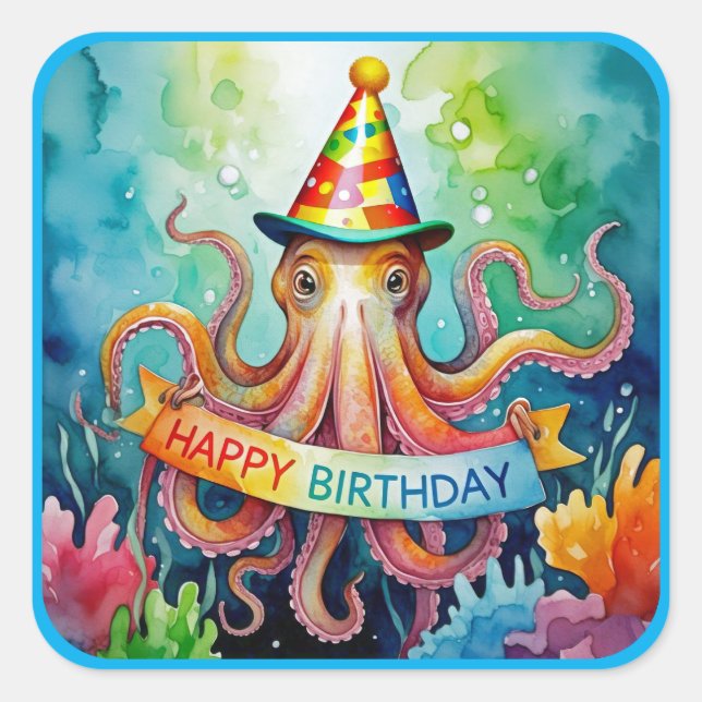 Adesivo Quadrado Happy Birthday Octopus Party Hat Watercolor Design (Frente)