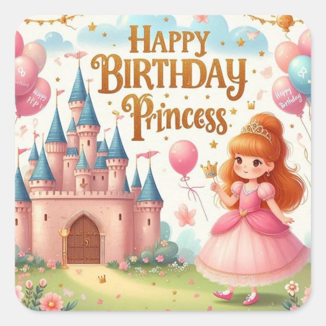 Adesivo Quadrado Happy Birthday Princess – Cute Pink Party Sticker  (Frente)