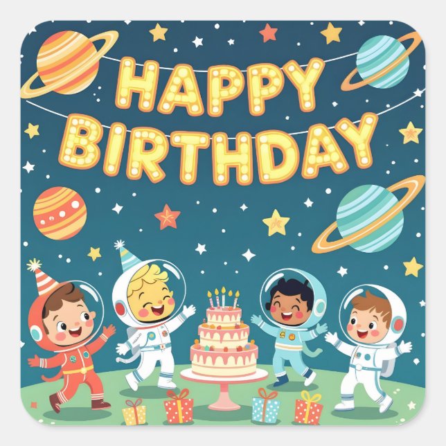 Adesivo Quadrado Happy birthday space theme (Frente)