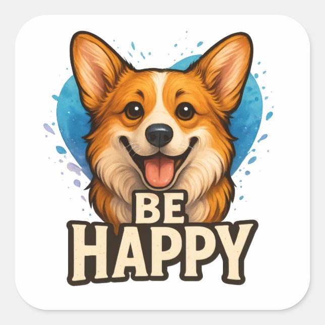 Adesivo Quadrado  Happy Corgi Cute Dog Lover Design for Positive (Frente)