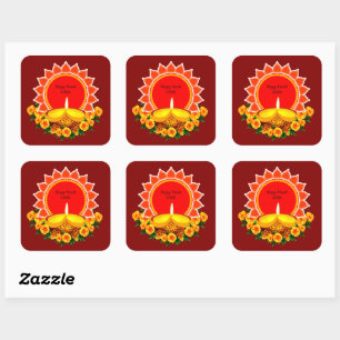 Adesivo Quadrado Happy Diwali 20xx Adicionar Ano ou Texto Marigolds