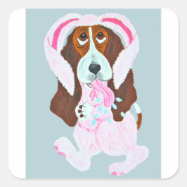 Adesivo Quadrado Happy Easter Basset Hound Easter Bunny