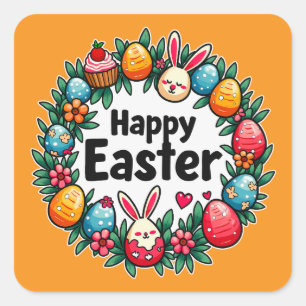Adesivo Quadrado Happy Easter – Bunny & Eggs - Autocolante