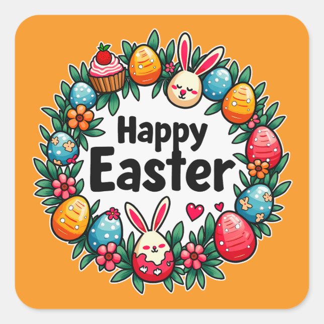 Adesivo Quadrado Happy Easter – Bunny & Eggs - Autocolante (Frente)
