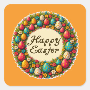 Adesivo Quadrado Happy Easter – Classic Wreath Design Autocolante