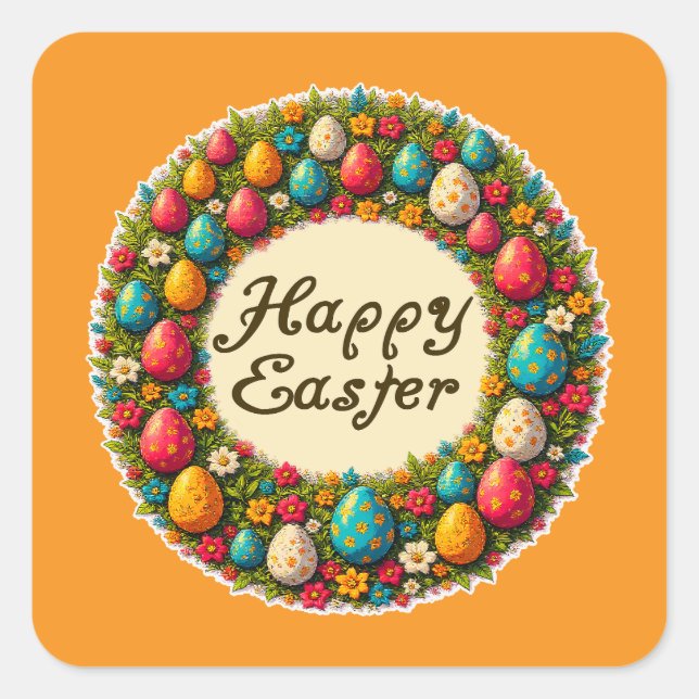 Adesivo Quadrado Happy Easter – Classic Wreath Design Autocolante (Frente)