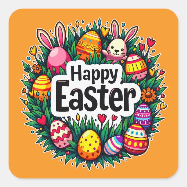 Adesivo Quadrado Happy Easter – Colorful Spring Design Autocolante (Frente)