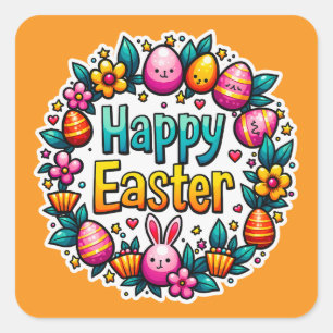 Adesivo Quadrado Happy Easter – Cute Bunny Lettering Autocolante