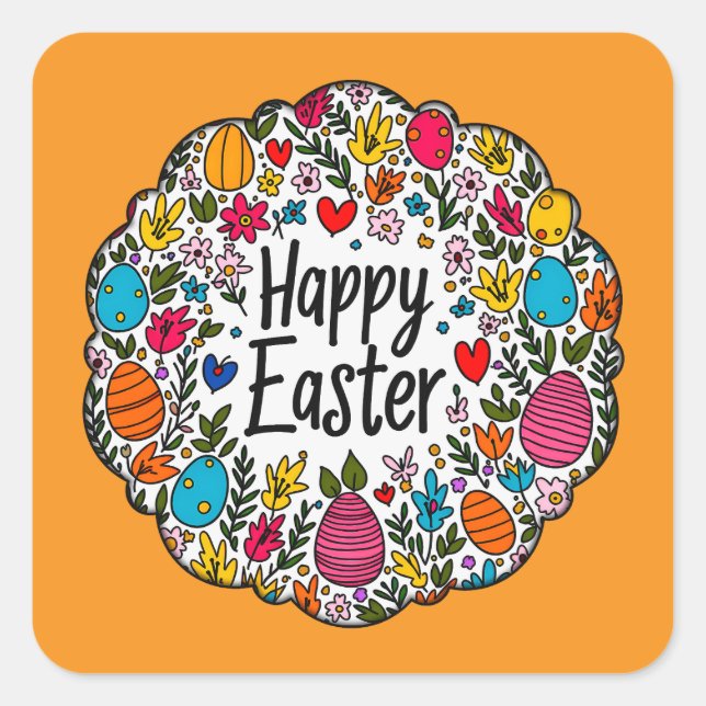 Adesivo Quadrado Happy Easter – Decorative Floral - Autocolante (Frente)