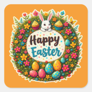 Adesivo Quadrado Happy Easter – Floral Spring Wreath Autocolante