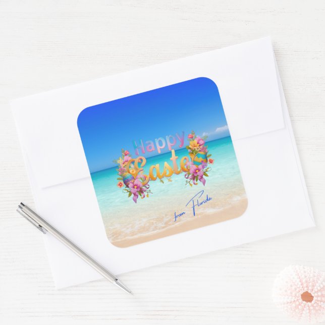 Adesivo Quadrado Happy Easter from Florida Tropical Beach (Envelope)