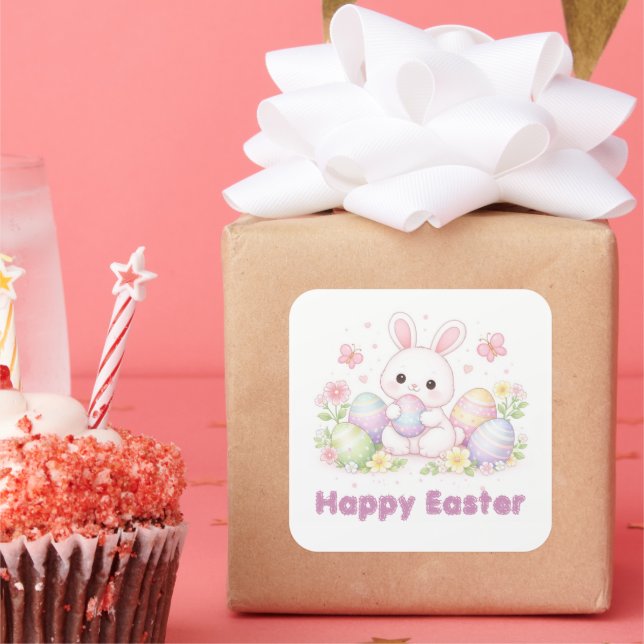 Adesivo Quadrado Happy Easter Spring Design - Cute Easter Bunny  (Festa)