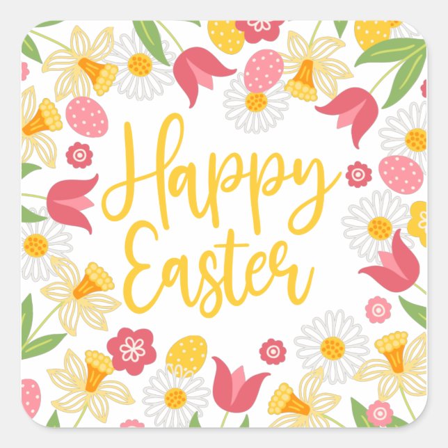 Adesivo Quadrado Happy Easter Whimsical Red Yellow Floral (Frente)