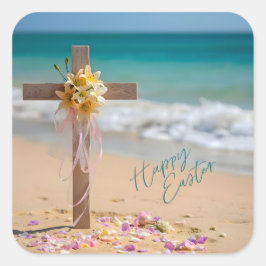 Adesivo Quadrado Happy Easter Wooden Cross with Lilies on Beach