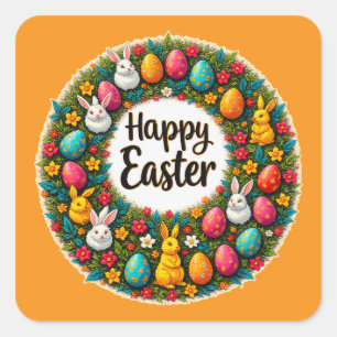 Adesivo Quadrado Happy Easter Wreath – Bunny & Eggs Autocolante