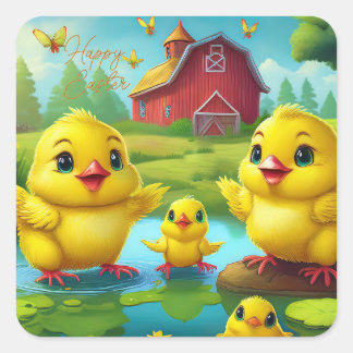 Adesivo Quadrado Happy Easter Yellow Chicks in a Pond by a Red Barn