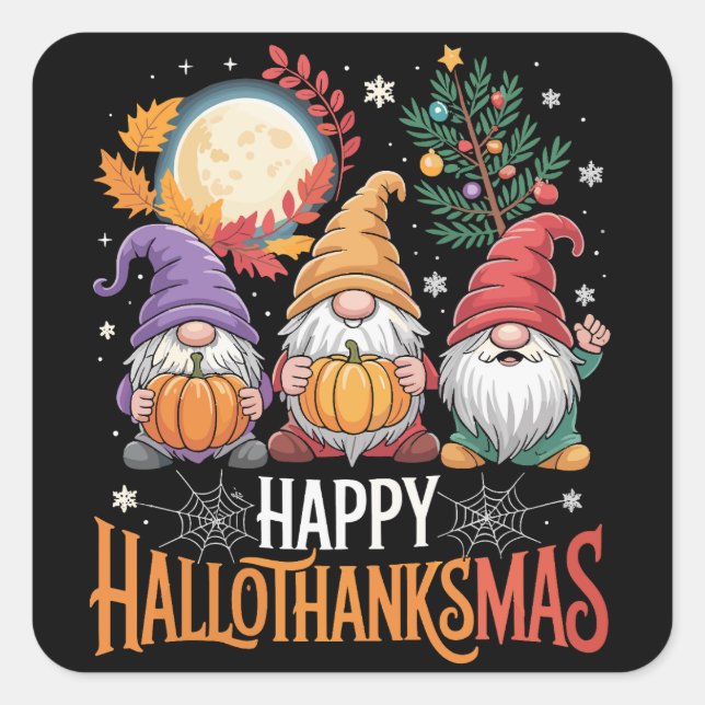 Adesivo Quadrado Happy Hallothanksmas Gnomos Lover Halloween Xmas (Frente)