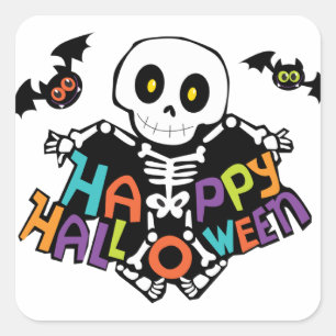 Adesivo Quadrado Happy Halloween (Skeleton and Bats)