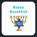 Adesivo Quadrado Happy Hanukkah<br><div class="desc">Presentes personalizados que dizem "Feliz Chanucá" apresentam a Estrela Judia e as velas prontas para acender cada noite especial.  Feliz feriado e tenha um maravilhoso Ano Novo!</div>