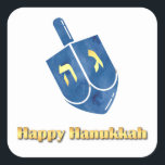 Adesivo Quadrado Happy Hanukkah Dreidel<br><div class="desc">Dourado texto de Hanukkah feliz com um sonho azul.</div>