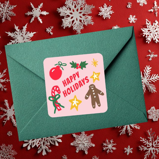 Adesivo Quadrado HAPPY HOLIDAYS Cute Hand-Drawn CUSTOM  (HAPPY HOLIDAYS Cute Hand-Drawn CUSTOM Square Sticker
)