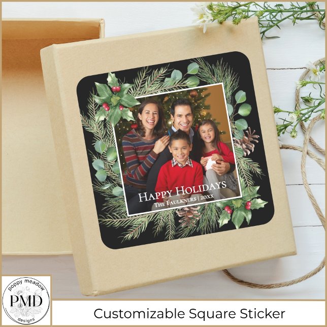 Adesivo Quadrado Happy Holidays Photo Wreath Greenery  (Happy Holidays Family Photo Wreath Greenery Botanical Christmas Square Sticker with Name, Year.)