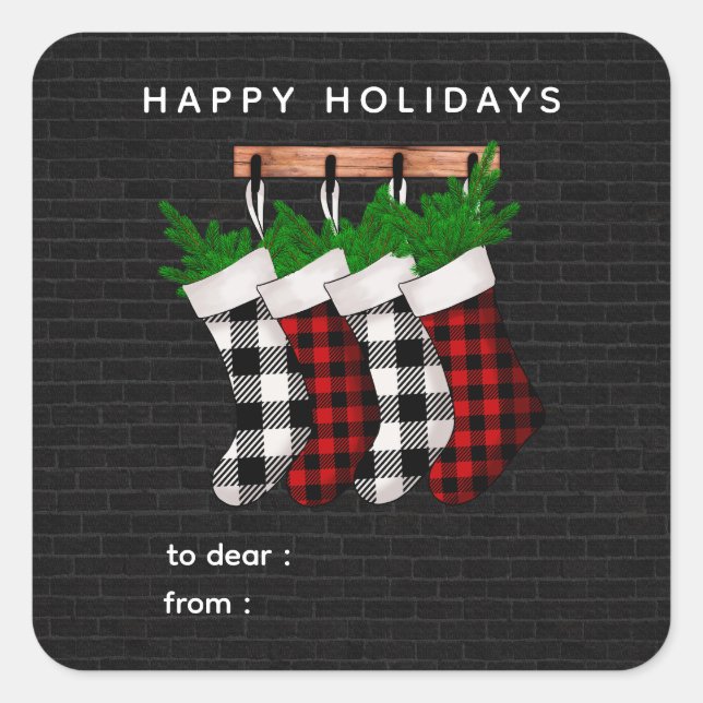 Adesivo Quadrado Happy Holidays Plaid Stockings Holiday Gift Label  (Frente)