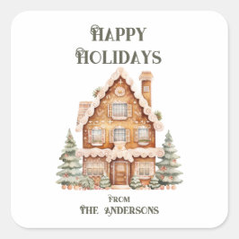 Adesivo Quadrado Happy Holidays Watercolor House Personalized 