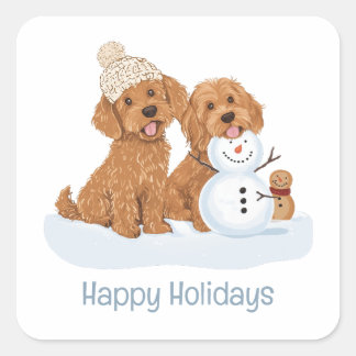 Adesivo Quadrado Happy Holidays Winter Goldendoodle Dog Snowman