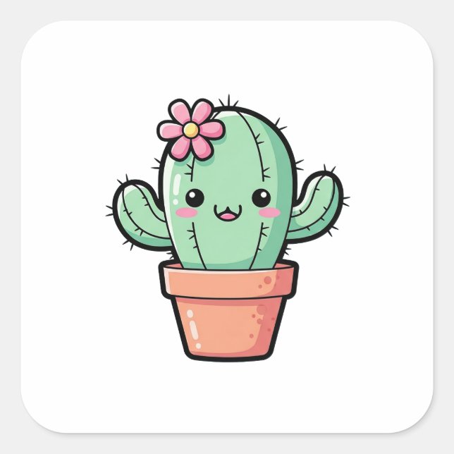 Adesivo Quadrado Happy Kawaii Cactus – Cute Illustration (Frente)