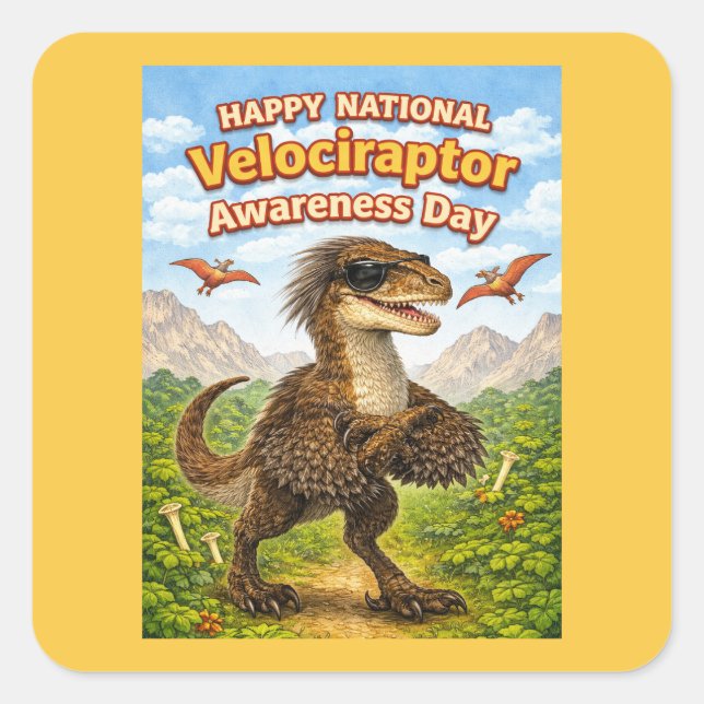 Adesivo Quadrado Happy National Velociraptor Awareness Day – Funny  (Frente)
