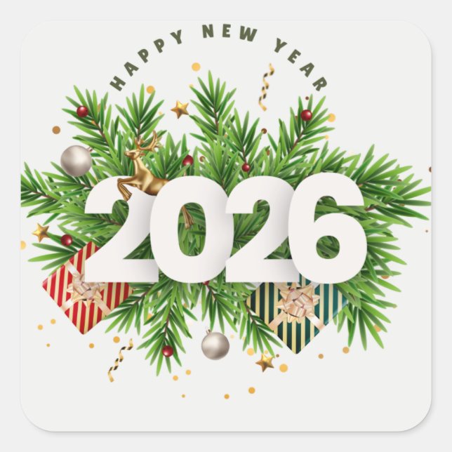 Adesivo Quadrado Happy New Year 2026 Festive Christmas Greenery Des (Frente)