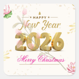 Adesivo Quadrado Happy New Year 2026 Festive Christmas Greenery Des