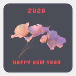 Adesivo Quadrado Happy New Year 2026 Pink Lotus Flower Illustration