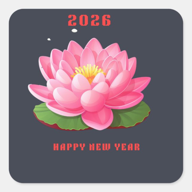 Adesivo Quadrado Happy New Year 2026 Pink Lotus Flower Illustration (Frente)