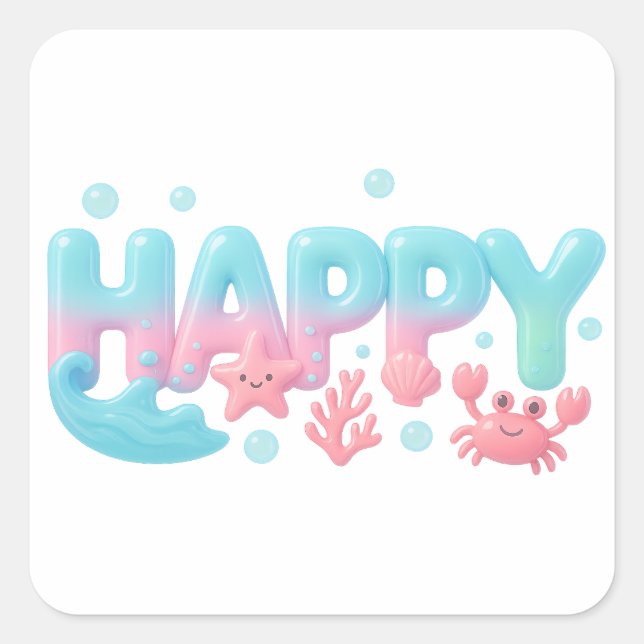 Adesivo Quadrado Happy Ocean Pastel Glossy Text (Frente)