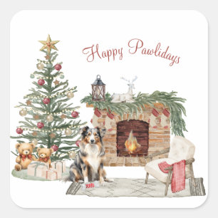 Adesivo Quadrado Happy Pawlidays Dog Design - Pastor Australiano