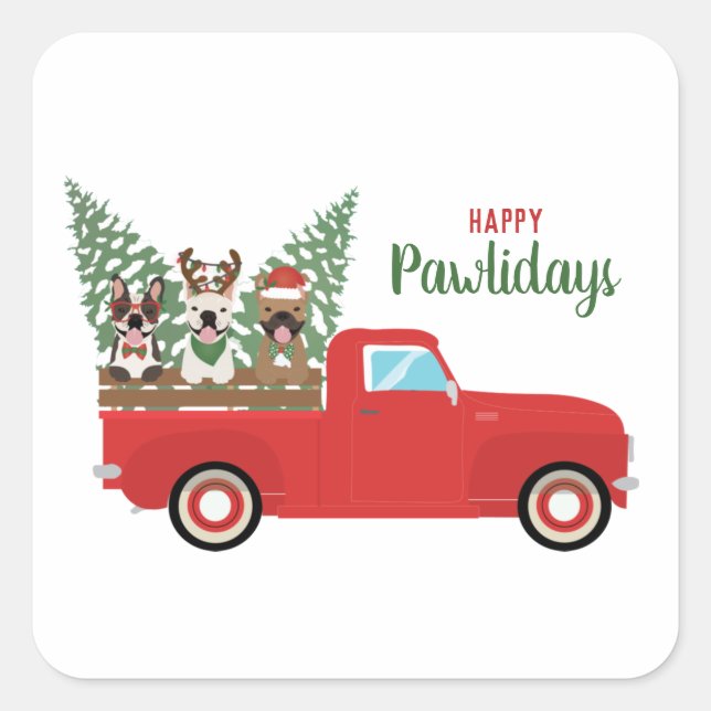 Adesivo Quadrado Happy Pawlidays French Bulldogs Red Pickup Truck (Frente)