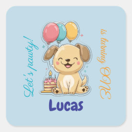 Adesivo Quadrado Happy Puppy, Boy, Let's Pawty, 1st Birthday 