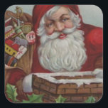 Adesivo Quadrado Happy Santa Christmas Sticker<br><div class="desc">Here's a vintage fine art image of Santa Claus ready to descend a holly decorated chimney with his pack of toys on his shoulder. This sticker is great for your Holiday gift packages or envelopes.</div>