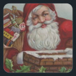 Adesivo Quadrado Happy Santa Christmas Sticker<br><div class="desc">Here's a vintage fine art image of Santa Claus ready to descend a holly decorated chimney with his pack of toys on his shoulder. This sticker is great for your Holiday gift packages or envelopes.</div>