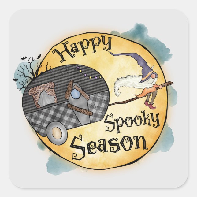 Adesivo Quadrado Happy Spooky Season Witch Camper Van (Frente)