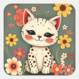 Adesivo Quadrado Happy Spotted Kitty with Flowers