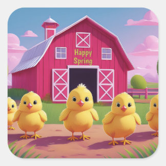 Adesivo Quadrado Happy Spring Chicks in Barnyard